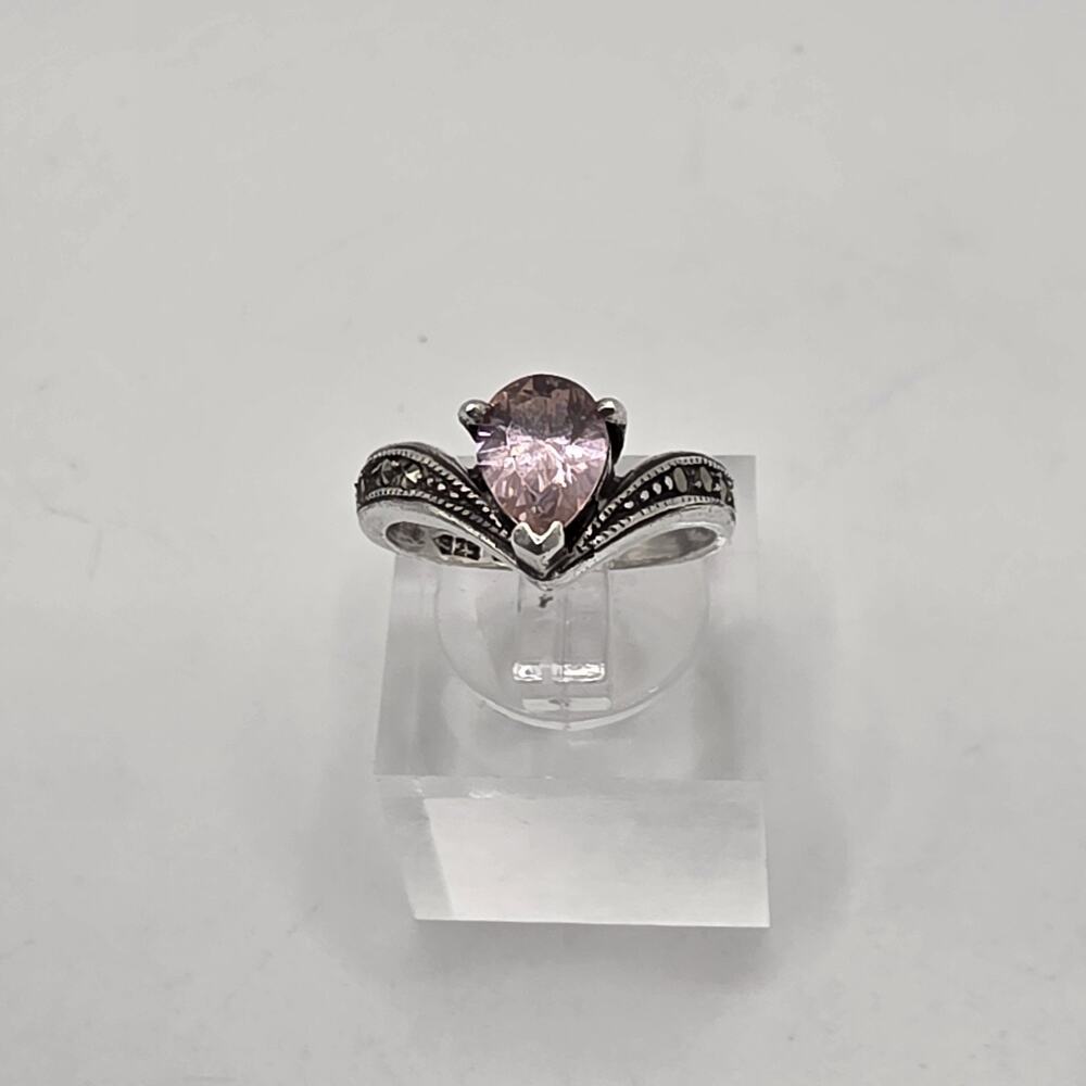 Vintage Art Deco Style Sterling Silver Pink Tourmaline & Marcasite Ring Size 6.5